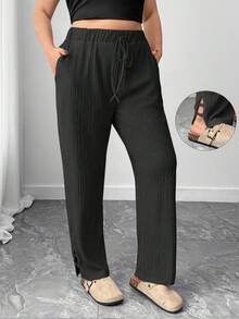 1 pieza Pantalón lápiz de ajuste suelto con diseño de abertura y cordón elástico para mujer talla grande, adecuado para salidas casuales, al aire libre, yoga, fitness, trotar, senderismo, ciclismo, de unicolor y estilo básico, para todas las estaciones - Negro - Ver 1