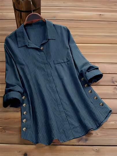 Long Sleeve Collared Shirt For Women Regular Fit Polyester Button Detail Blouse With Side Pockets