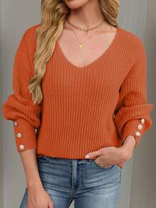 Women's All-Match Loose V-Neck Button Knit Sweater, Casual Versatile Lightweight Ribbed Pullover - Orange - View 4