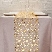 1 Roll White Background Gold Star Sequin Tablecloth, 12x108 Inches, Polyester Material - No Assembly Required, Birthday Party, Wedding, Banquet Decoration, Celebration Event Accessory, Shiny Metallic Gold Party Decor, Durable Fabric, Suitable For Dinner Parties - Multicolor - View 1