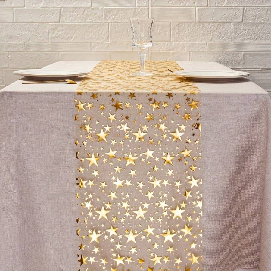 1 Roll White Background Gold Star Sequin Tablecloth, 12x108 Inches, Polyester Material - No Assembly Required, Birthday Party, Wedding, Banquet Decoration, Celebration Event Accessory, Shiny Metallic Gold Party Decor, Durable Fabric, Suitable For Dinner Parties - Multicolor - View 1
