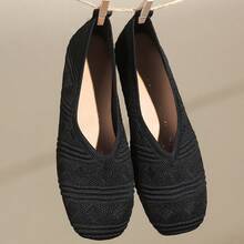 大码女式平底纯色针织乐福鞋，女式浅口透气复古方头套脚休闲鞋 - 黑色方塊 - 查看 14