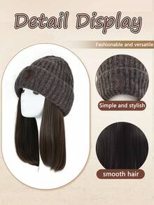 Synthetic Hat Wig Knitted Hat Wig, Hat Hair Extension Straight Hair Grey Hat Wig With Attached Synthetic Hairpiece For Women Girls Winter -Cold Brown Brown Black - Multicolor - View 5