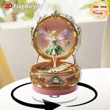 2D平面，1个优雅仙女音乐盒，带旋转底座 - 2D平面亚克力桌面摆件，金色饰面，柔和闪亮的旋律，精美的盒盖和仙女造型，适合家居/办公室展示、室内使用，营造梦幻夜晚氛围或作为实用装饰摆件，配有金色音乐盒和发光仙女，耐用的亚克力结构，适合各种房间