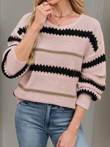 女士休闲条纹图案落肩宽松套头长袖毛衣上衣，灰粉色 - 彩色 - 查看 4