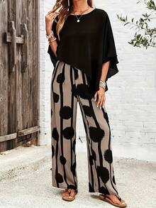 Plus Size Women 2 Pieces Set - Asymmetrical Hem Short Sleeve Top And Straight Leg Pants - Multicolor - View 4