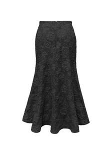 大码女式优雅花卉压花美人鱼裙，四季皆宜 - 黑色 - 查看 2