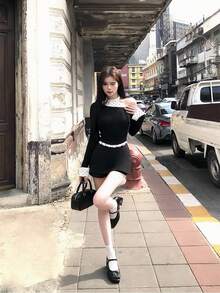 1pc Women's 2 In 1 Polka Dot Long Sleeve Knit Sweater, Off-Shoulder Patchwork Stylish Blouse - Black - View 4