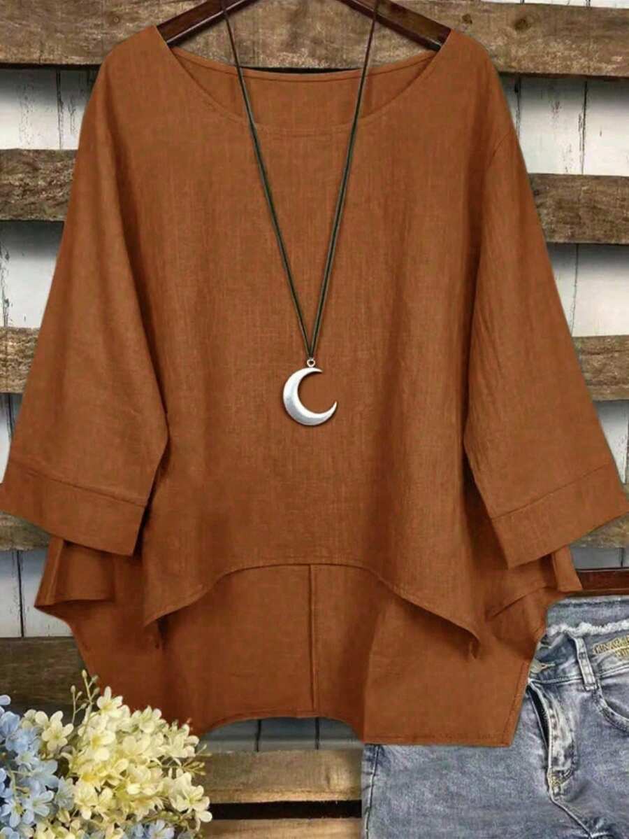Blusa de mujer de unicolor con cuello redondo y bajo asimétrico - Marrón - Ver 1