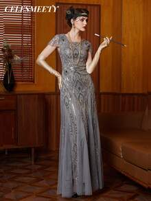 1920s Vintage Style Women's V-Neck Short Sleeve Fringe Long Sequin Beaded Ball Gown, Suitable For Party, Wedding, Maternity Dress - Silver-grey - View 5