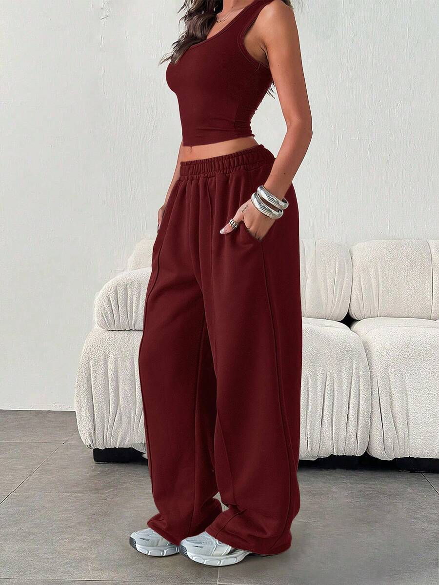 Damen lässige, weite, einfarbige Jogginghose mit Gummibund und Taschen