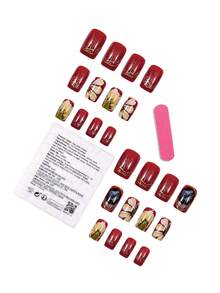 24片方形亮红色花朵美甲贴纸，亚克力材质，假指甲，适合日常佩戴 - 紅色 - 查看 4