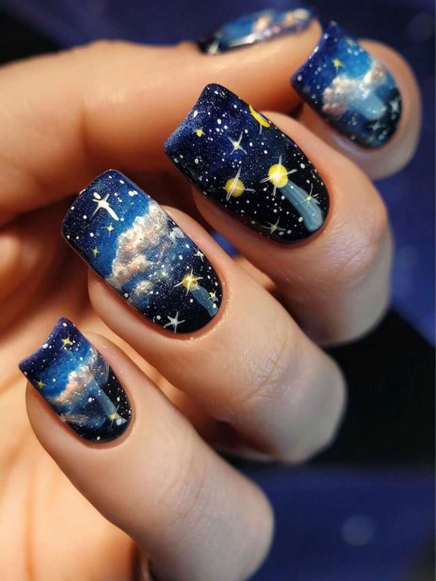 24 miếng dán móng tay hình vuông màu xanh dương họa tiết mây và hành tinh, chất liệu acrylic, dùng cho móng giả, thích hợp sử dụng hàng ngày. - Nhiều màu - Xem 1