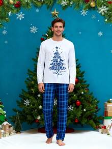 Family Matching Christmas Pajamas Set Letter Tree Print Holiday Pajamas Plaid Sleepwear Soft Loungewear