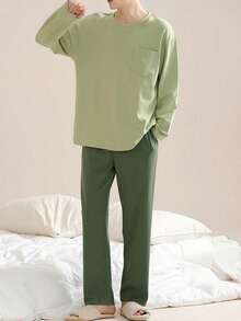 AICJ Bộ đồ ngủ nam 2 món, kiểu dáng rộng rãi, màu trơn, gồm áo cổ tròn và quần, thích hợp cho mùa xuân, thu, đông, ấm áp và thoải mái khi mặc ở nhà. - màu xanh lá - Xem 6