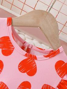 Young Girl's Casual School Style Cute Heart Print Round Neck Puff Sleeve A-Line Dress, Spring/Summer/Autumn - Pink - View 4