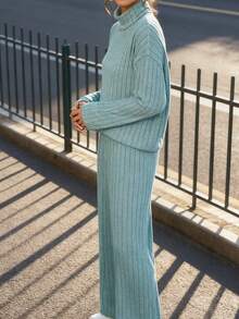 New Women's Suit Set;Ribbed Knit Turtleneck & Wide-Leg Pants Set: Stylish For Daily/Date Wear;Ribbed Knit Turtleneck Set! Smooth Wide-Leg Fit, Warm And Comfortable, Super Easy For Daily Matching;High-End Sense Of Relaxation! - Màu xanh lam - Xem 4