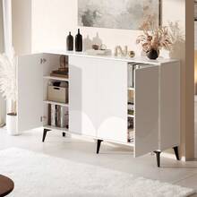 White Sideboard, 160 Cm Wide, Multifunctional Sideboard, Chest Of Drawers, Tall Cabinet With Adjustable Shelves, 4 Doors, Metal Legs
