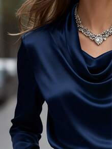 一件纯色涤纶褶皱罗纹纽扣女式衬衫，适合办公室和日常穿着，春/夏/秋季度假穿着。 - 藍色 - 查看 2