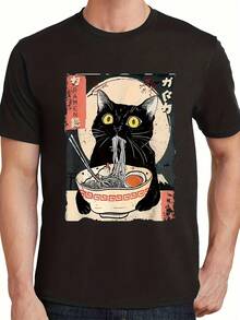 Men'S Retro Japanese Lamian Noodles Cat T-Shirt - Black Kitten Noodle Design Round Neck Short Sleeved Shirt, All-Weather General Cartoon Lovers And Pet People Casual Shirt - Daily Street Style, Retro Printing Design, Comfort And Fashion, Street Style Minimalist Style Sweatshirt - 黑色 - 查看 3