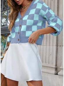 Women's Checkered Button Down Long Sleeve Knit Cropped Cardigan Sweater Tops, Style - Sky Blue - View 2