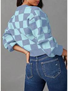 Women's Checkered Button Down Long Sleeve Knit Cropped Cardigan Sweater Tops, Style - Sky Blue - View 3