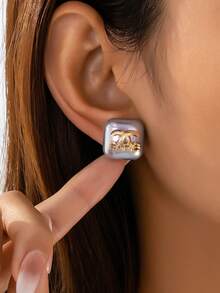 1对优雅几何方形耳钉，女士款，奢华设计师灵感源自巴黎风格的时尚珠宝，适合日常佩戴 - 彩色 - 查看 9