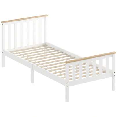 HOMCOM Single Bed Frame, Wooden Bed Frame, Low Storage, Natural Wood, White