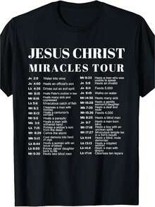Unisex Jesus Christ Wunder-Tour T-Shirt With 12 Biblical Verses - Black-White Lettering Design, Casual Short Sleeve Crew Neck Shirt For Men & Women, Machine Washable Christian Clothing, Comfortable Fit, Cool Text Print, PLU - 黑色 - 查看 1