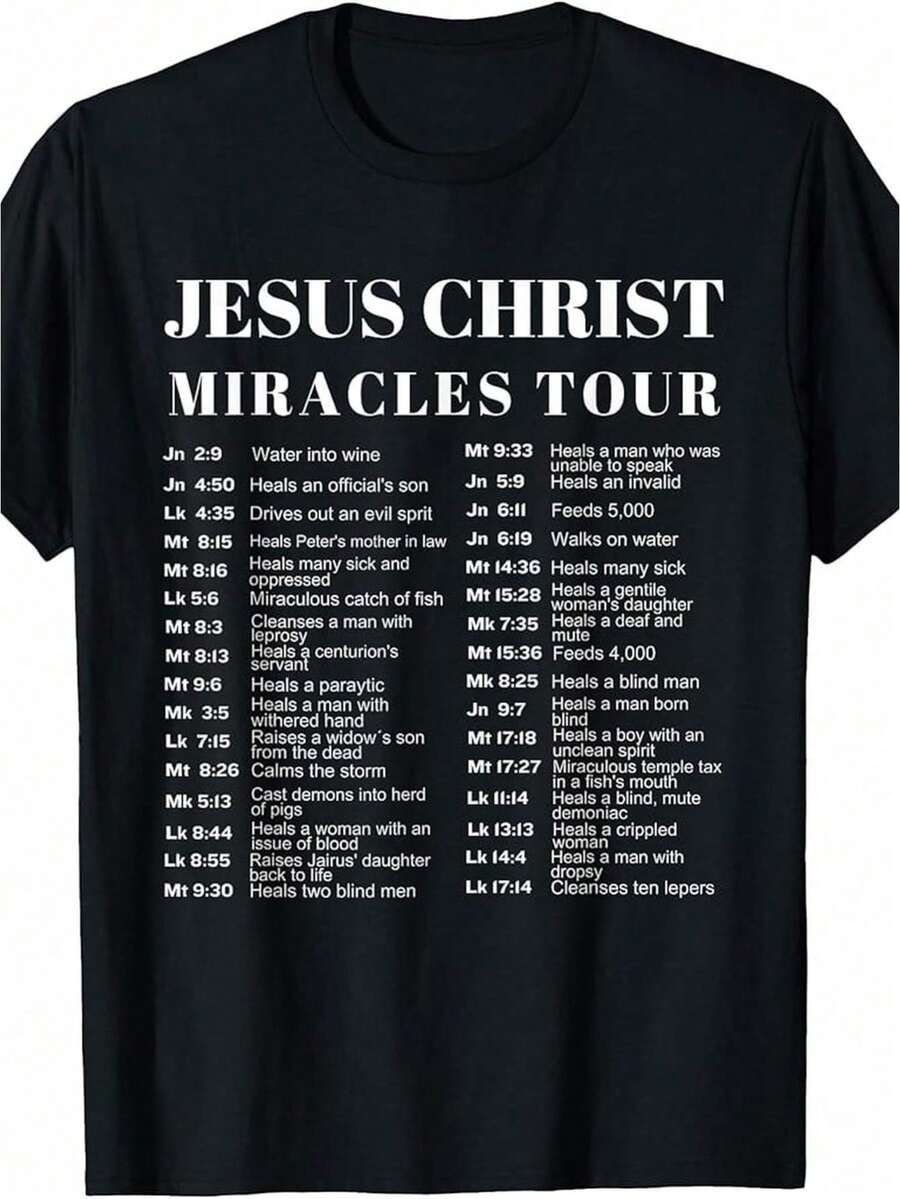 Unisex Jesus Christ Wunder-Tour T-Shirt With 12 Biblical Verses - Black-White Lettering Design, Casual Short Sleeve Crew Neck Shirt For Men & Women, Machine Washable Christian Clothing, Comfortable Fit, Cool Text Print, PLU - 黑色 - 查看 1