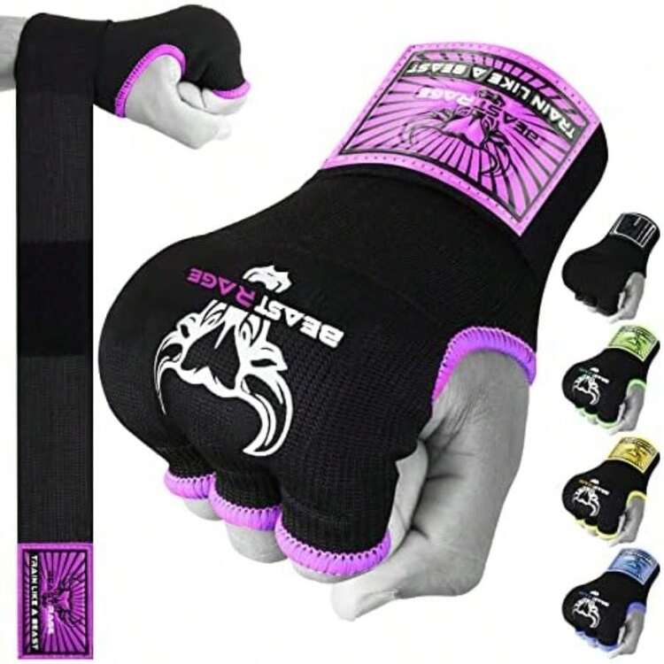 BEAST RAGE Guantes de Boxeo de Gel para Manos MMA 75 cm Largo Acolchados elásticos Saco Boxeo rápido Entrenamiento Muay Thai Vendas UFC para Hombres Mujeres y niños(L adulta Morado) - Multicolor - Añade 1