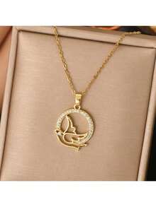 1件18K镀金不锈钢首饰，立方氧化锆圆形小鸟吊坠，时尚简约，法式浪漫风格，休闲复古，男女皆宜，适合日常佩戴、度假、派对、外出（OPP袋包装） - 金黃色 - 查看 7