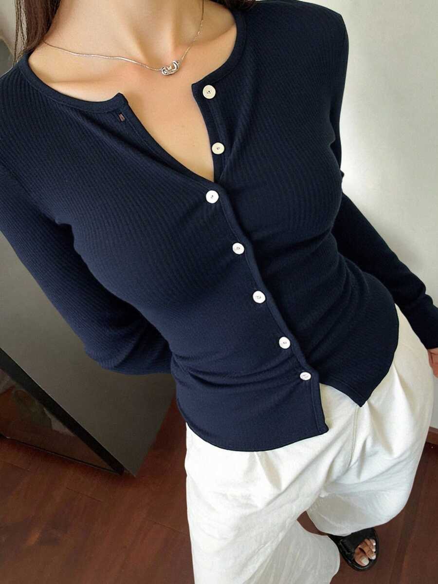 Livesso Áo khoác cardigan dáng ôm cổ tròn họa tiết gân đơn giản tay dài cho nữ, quần áo mùa thu cho nữ - Màu xanh hải quân - Xem 1