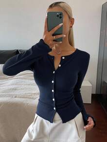 Livesso Áo khoác cardigan dáng ôm cổ tròn họa tiết gân đơn giản tay dài cho nữ, quần áo mùa thu cho nữ - Màu xanh hải quân - Xem 5