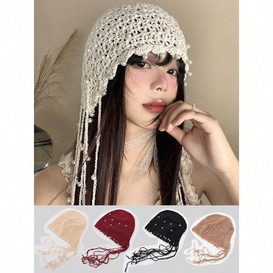 1pc Women's Handmade Crochet Hollow Out Beanie Hat, Lightweight Knitted Tassel Decor Cap, Fashion Headwear For Summer Sun Protection, Boho Style, Suitable For Mother And Daughter, Women Vacation, Halloween - Nhiều màu - Xem 1