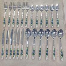 4/24件套精美蓝色玫瑰印花陶瓷柄不锈钢餐具，包括叉子、甜点勺、汤勺、牛排刀，独特优雅的餐具套装，适用于家庭、餐厅、厨房、日常用餐、派对和节日聚会。 - 銀色 - 查看 14