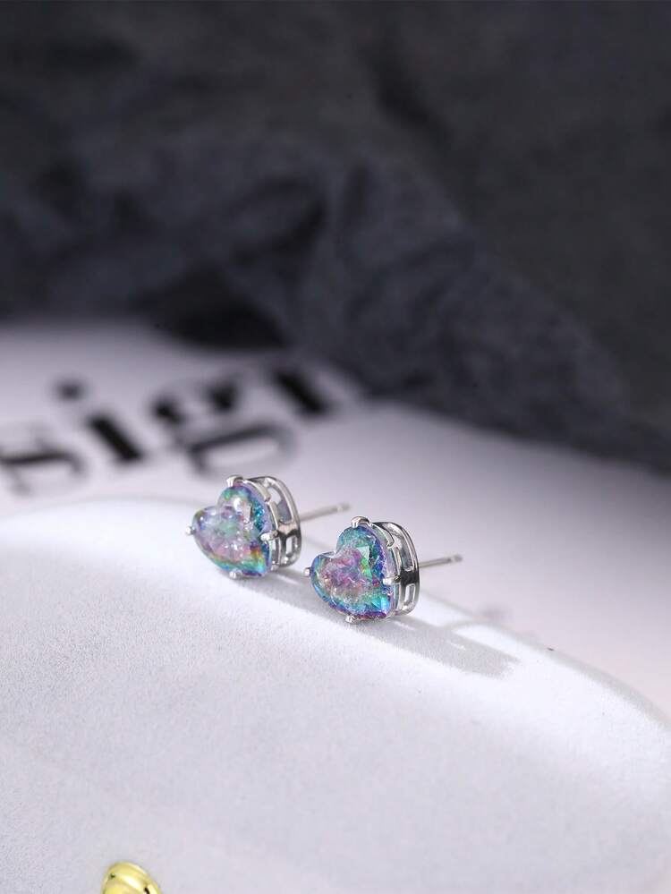 1 par de pendientes de botón con forma de corazón y circonita de colores para hombres - Multicolor - Añade 5