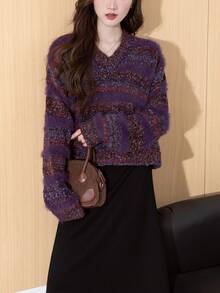 Alicedudu 女士新款渐变色纱线V领套头衫，秋冬 - 紫色 - 查看 6