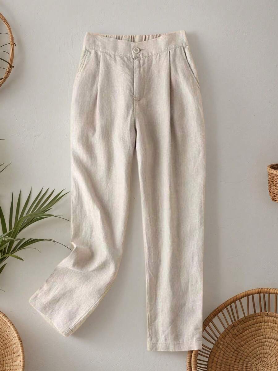 Solid Zipper Fly Suit Pants - Apricot - View 1