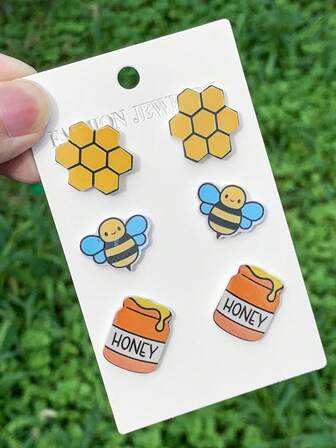 3Pcs/Set Acrylic Bee Theme Natural Cottage Style Stud Earrings - Bee, Honeycomb, Honey Jar Set Cute Nature Theme, For Daily Commute, Casual Picnics/Camping, Bestie/Couple Matching, Holiday Gifting