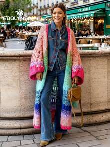 手工编织波西米亚风彩色喇叭袖钩针和服开衫 2024 圣诞毛衣 粉色 - 粉色 - 查看 4