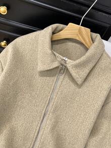 Manteau décontracté élégant de mode d'hiver pour femmes, nouvelle année, couleur unie, épaules tombantes, manches longues, fermeture éclair - Beige - Voir 10