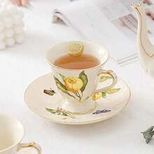 WSXC Porcelain Cup And Saucer Set With Golden Spoon 6oz Tea Cup Coffee Mug Cute Lemon Pattern - Yellow - View 2