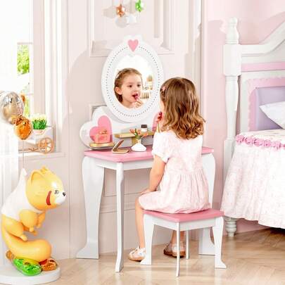 Schminktisch Kinder Abnehmbarem Spiegel Hocker,Frisiertisch Kinderschreibtisch