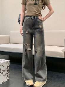 Vintage Distressed Boyfriend Jeans For Petite Women, Versatile, Slimming, Loose Wide Leg Long Pants