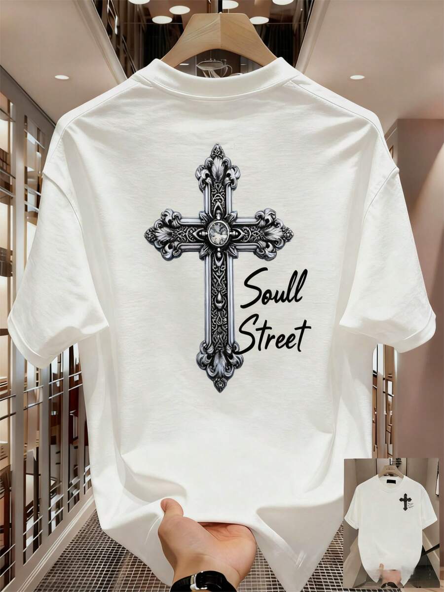 Men's 100% Cotton T-Shirt, Pure Cotton Printed Short Sleeve T-Shirt, Soft, Breathable, Sweat-Absorbing Combed Cotton Casual Top For Men - 白色 - 查看 1