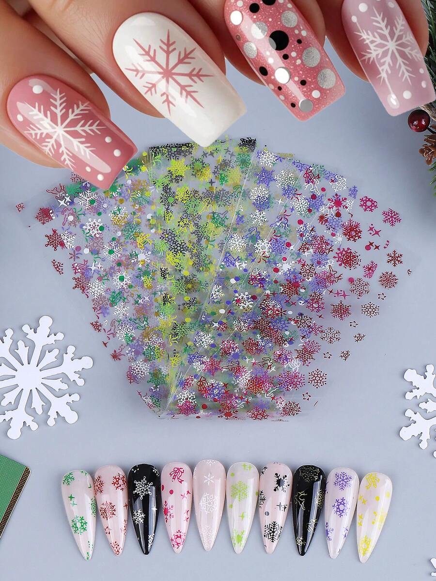 10色冬季雪花美甲贴纸 10张 金银白粉黑红雪花美甲贴纸 星空全贴 DIY美甲装饰 女士女孩美甲用品 - 彩色 - 查看 1