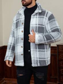 Men's Plush Sherpa Plaid Coat - Warm And Comfortable, Suitable For Autumn And Winter Outfit, Essential For Winter. - Black and White - View 1