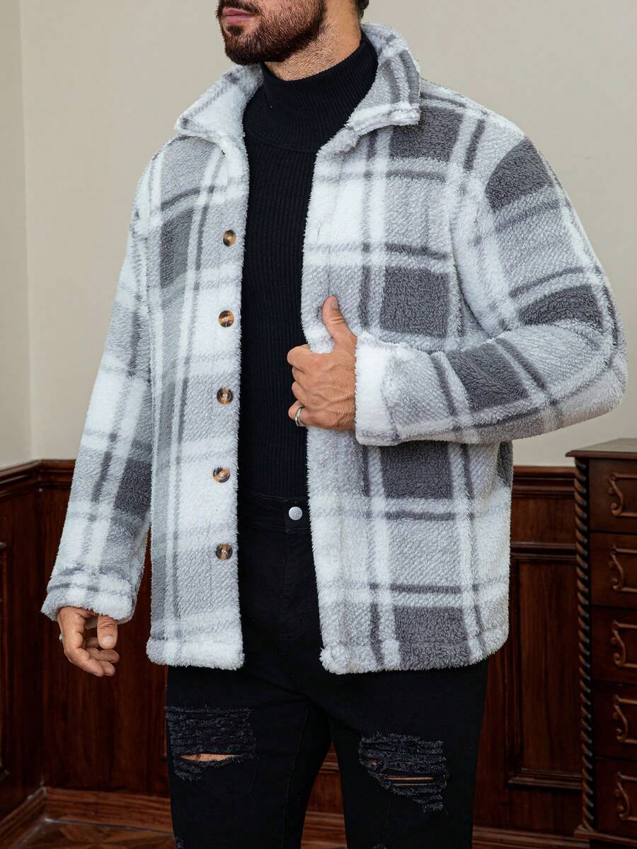 Men's Plush Sherpa Plaid Coat - Warm And Comfortable, Suitable For Autumn And Winter Outfit, Essential For Winter. - Black and White - View 1