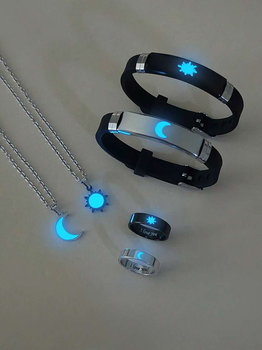 ATLVXJL Bộ 6 món trang sức cặp đôi/tình bạn phát sáng trong bóng tối, vòng tay silicon, nhẫn, trang sức thường ngày thích hợp đeo hàng ngày và làm quà tặng ngày lễ tình nhân - Nhiều màu - Xem 1